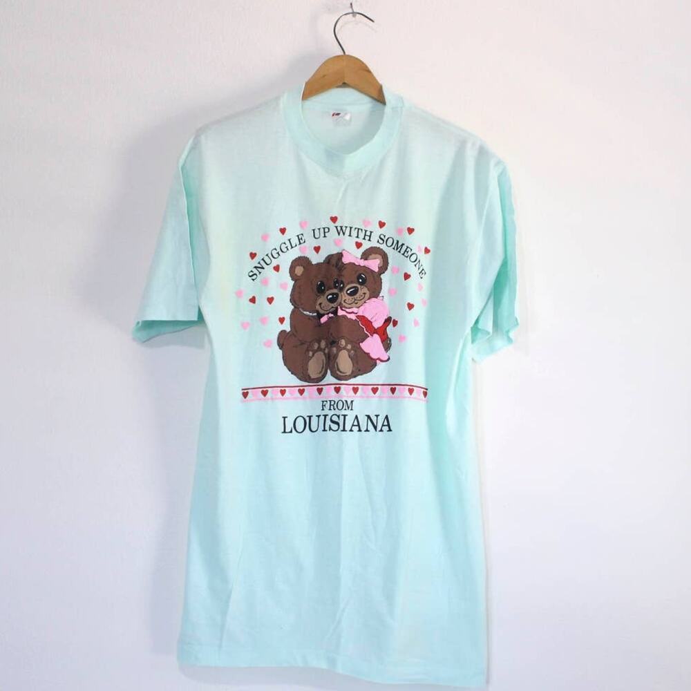 Vintage 80s Snuggle Up With Someone From Louisiana Teddy Bear T Shirt XL